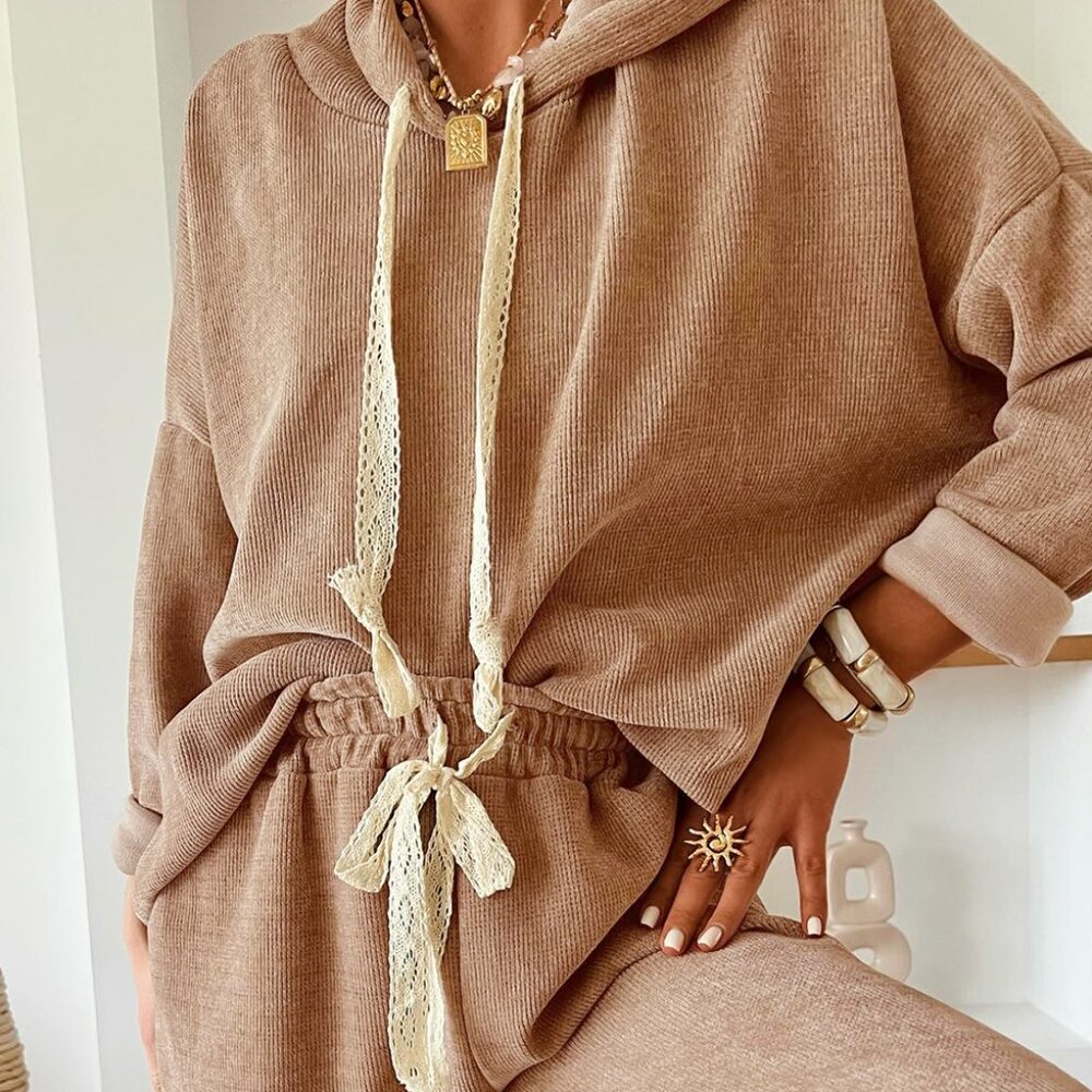 B340 Casual Lace Drawstring Pullover Hoodie and High Waist Pants Corduroy Suit